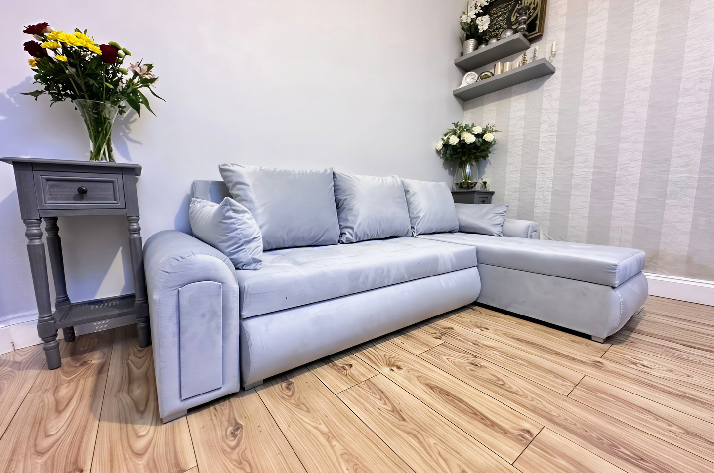 Berlin Universal Corner Sofa Bed UK – Silver L Shape Sofa with Storage | Left & Right Facing