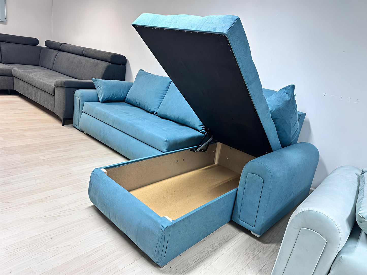 Sky Blue Corner Sofa Bed with Storage UK – Modern Berlin Pull Out Sofa Bed
