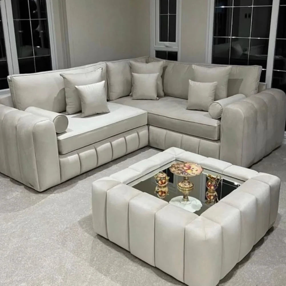 Lilly Cream Plush Velvet 5 Seater L-Shape Corner Sofa