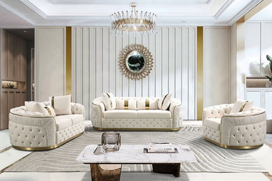 Luxurious Velvet Chesterfield Sofa Set – King Cream & Gold