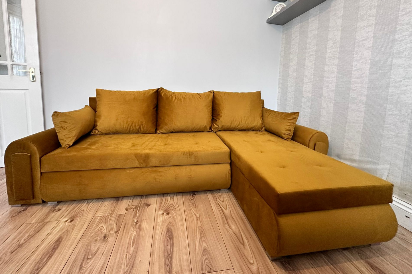 Berlin Universal Corner Sofa Bed with Storage – Mustard Gold – Left or Right Facing – Modern Convertible Sofa Bed UK