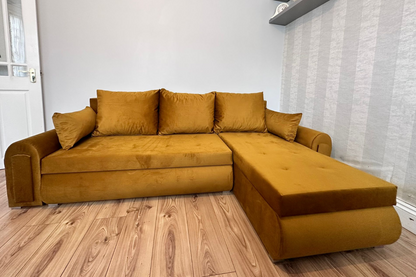 Berlin Universal Corner Sofa Bed with Storage – Mustard Gold – Left or Right Facing – Modern Convertible Sofa Bed UK