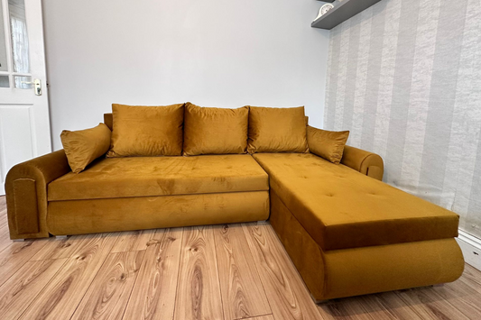 Berlin Universal Corner Sofa Bed with Storage – Mustard Gold – Left or Right Facing – Modern Convertible Sofa Bed UK