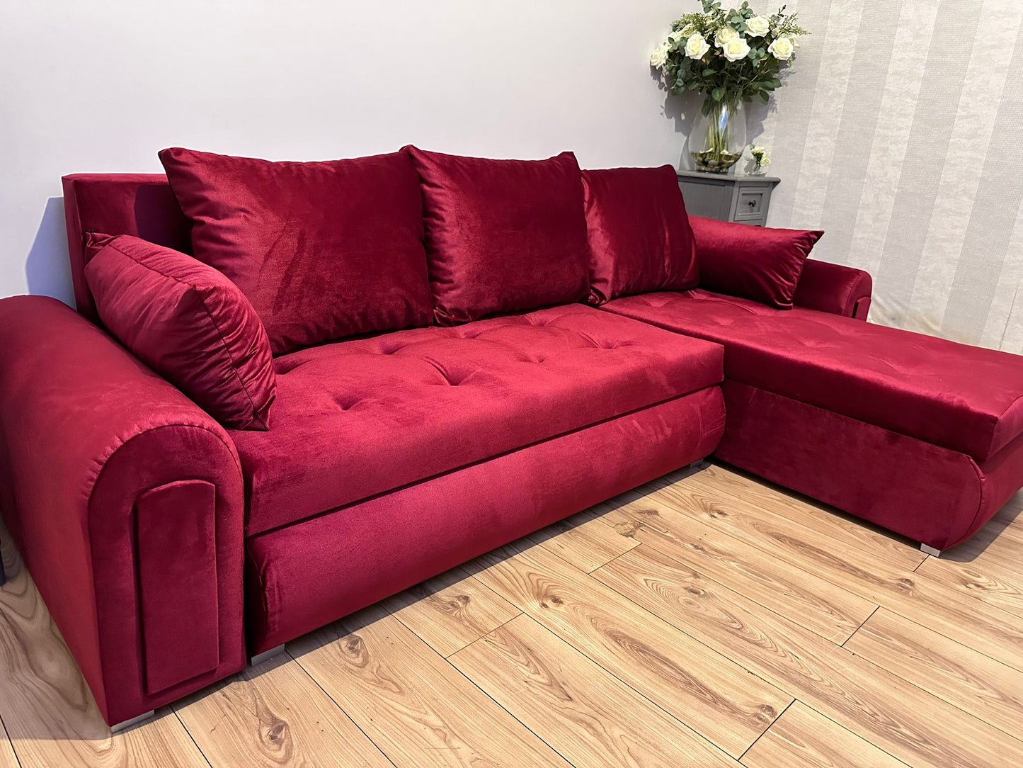 Berlin Universal Corner Sofa Bed with Storage – Maroon – Left or Right Facing – Modern Convertible Sofa Bed UK