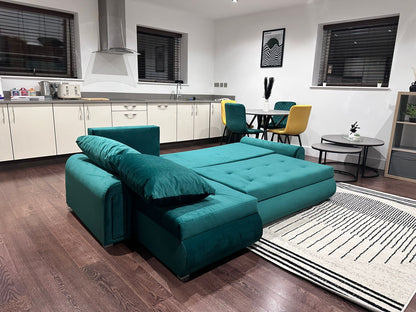 Berlin Universal Corner Sofa Bed with Storage – Teal – Left or Right Facing – Modern Convertible Sofa Bed UK