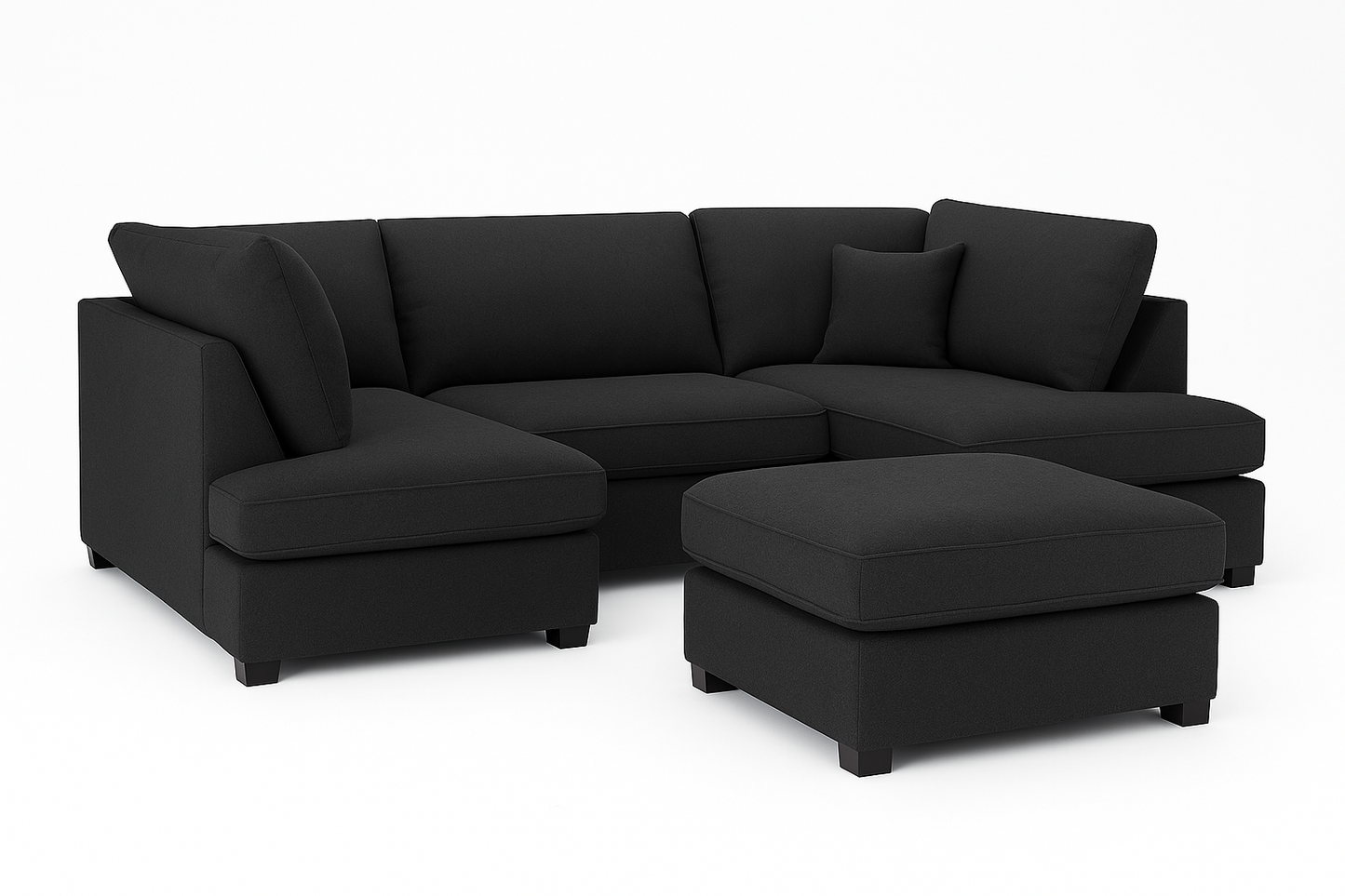 Carnaby Cinema U-Shape Sofa – Black | Large Linen Polyester Corner Sofa with Footstool