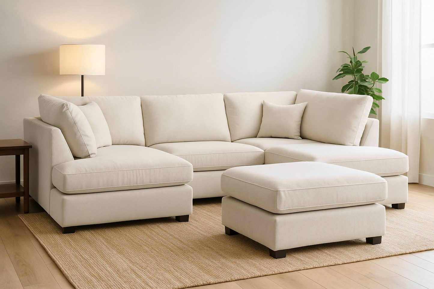 Carnaby Cinema U-Shape Sofa – Beige | Large Linen Polyester Corner Sofa with Footstool