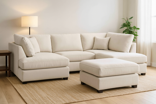 Carnaby Cinema U-Shape Sofa – Beige | Large Linen Polyester Corner Sofa with Footstool