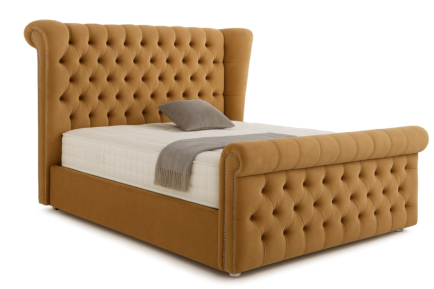 Chesterfield Scroll Wingback Velvet Bed – Camel Beige