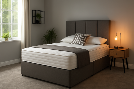 Grey Divan Bed with Mattress | Upholstered Panel Headboard | UK Sizes