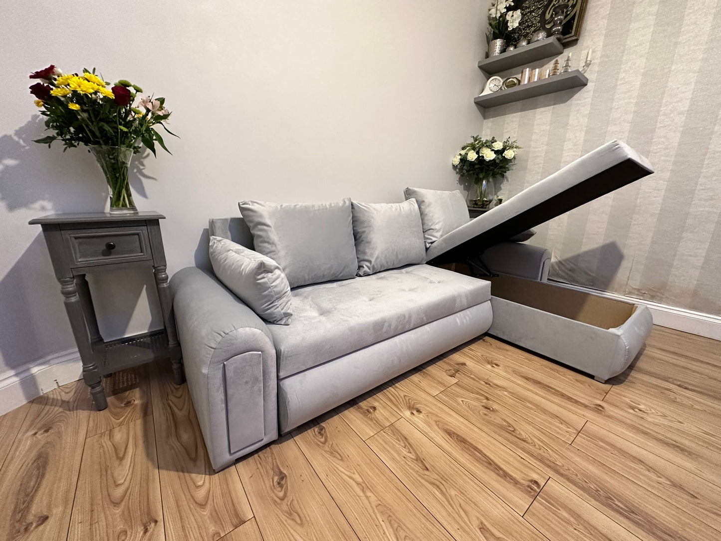 Berlin Universal Corner Sofa Bed with Storage – Silver – Left or Right Facing – Modern Convertible Sofa Bed UK