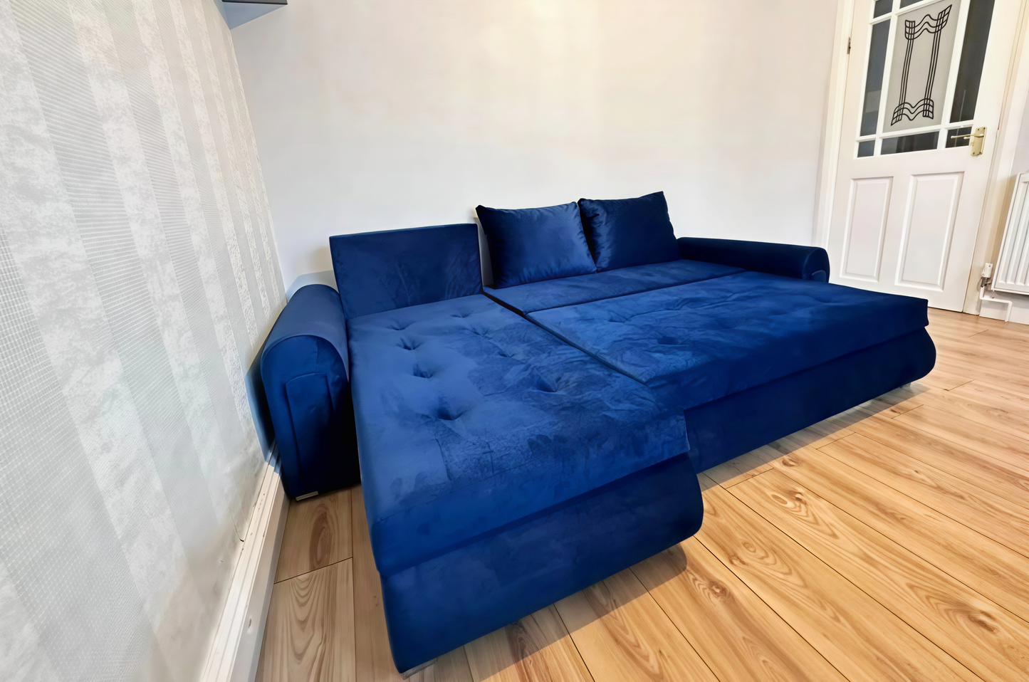 Berlin L Shape Corner Sofa Bed UK – Navy Blue Pull Out Bed with Storage