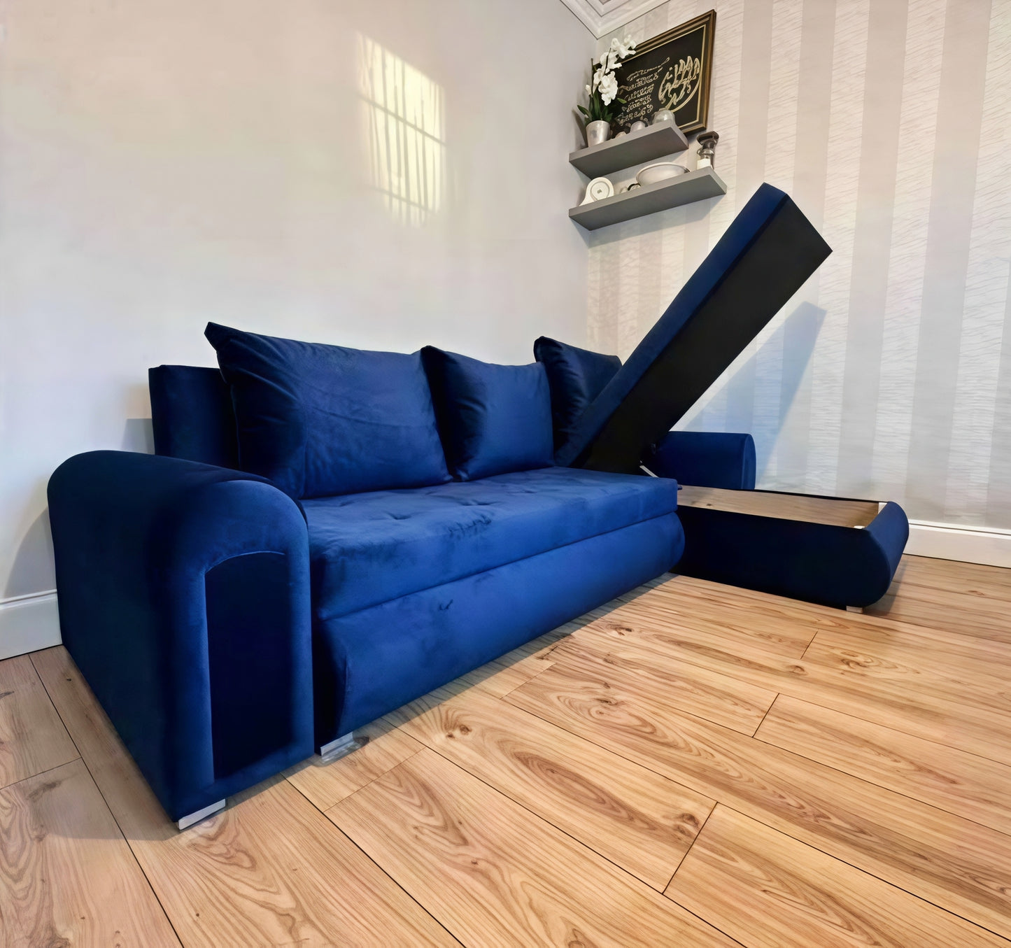 Berlin L Shape Corner Sofa Bed UK – Navy Blue Pull Out Bed with Storage