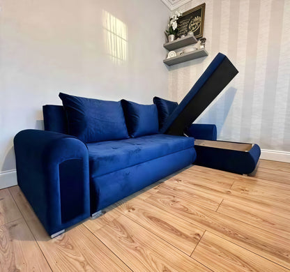 Berlin L Shape Corner Sofa Bed UK – Navy Blue Pull Out Bed with Storage