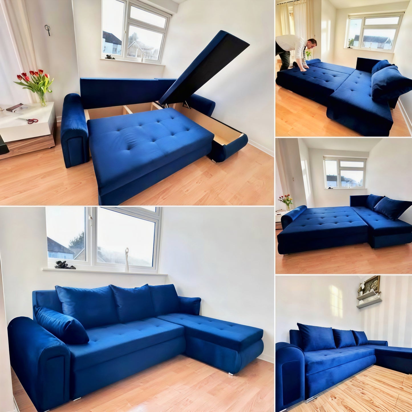 Berlin L Shape Corner Sofa Bed UK – Navy Blue Pull Out Bed with Storage