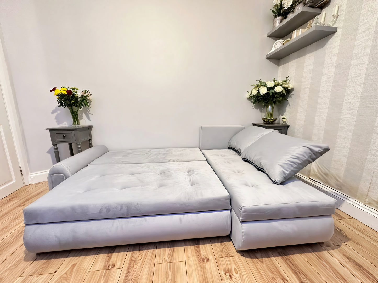 Berlin Universal Corner Sofa Bed UK – Silver L Shape Sofa with Storage | Left & Right Facing