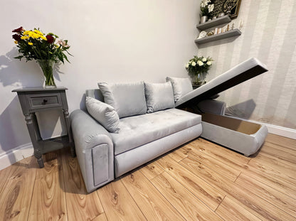 Berlin Universal Corner Sofa Bed UK – Silver L Shape Sofa with Storage | Left & Right Facing