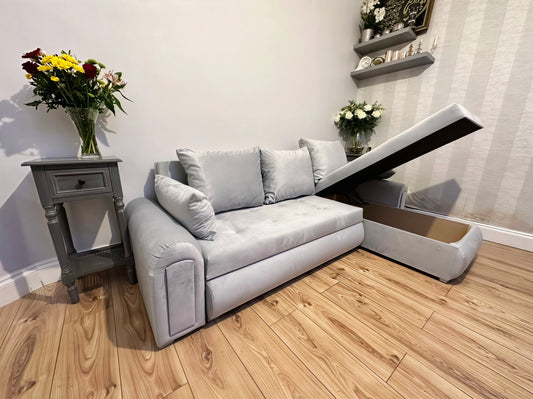 Berlin Universal Corner Sofa Bed UK – Silver L Shape Sofa with Storage | Left & Right Facing