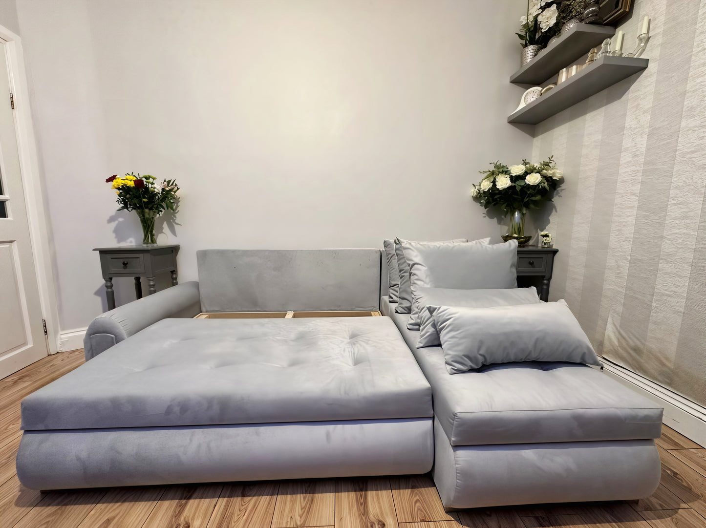 Berlin Universal Corner Sofa Bed UK – Silver L Shape Sofa with Storage | Left & Right Facing
