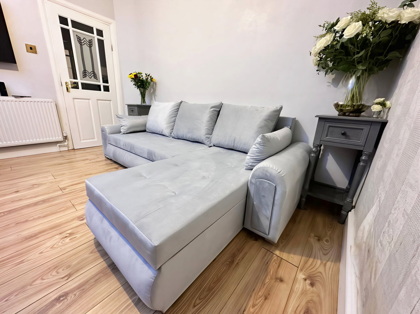 Berlin Universal Corner Sofa Bed UK – Silver L Shape Sofa with Storage | Left & Right Facing