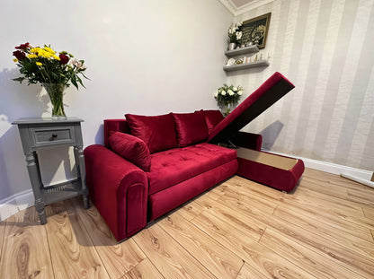 Luxury Berlin Corner Sofa Bed UK – Maroon L Shape Pull Out Sofa with Storage | Left & Right Facing