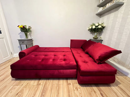 Luxury Berlin Corner Sofa Bed UK – Maroon L Shape Pull Out Sofa with Storage | Left & Right Facing