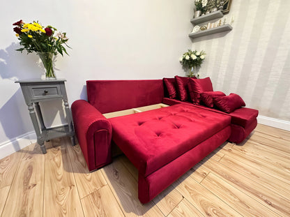 Luxury Berlin Corner Sofa Bed UK – Maroon L Shape Pull Out Sofa with Storage | Left & Right Facing