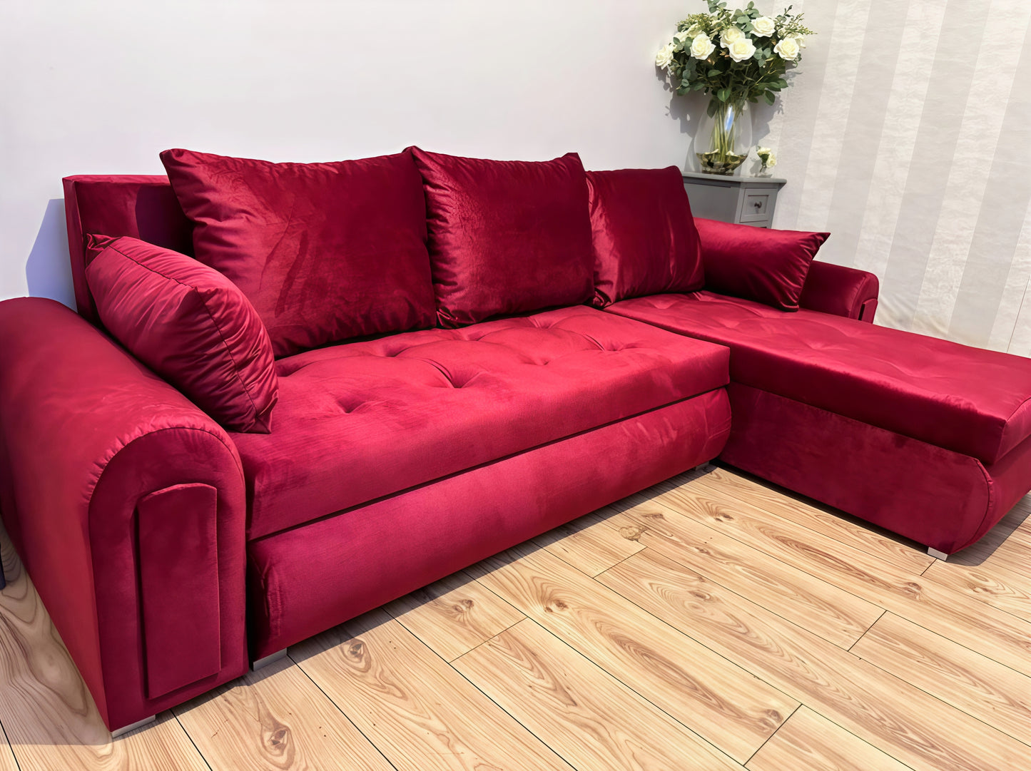 Luxury Berlin Corner Sofa Bed UK – Maroon L Shape Pull Out Sofa with Storage | Left & Right Facing