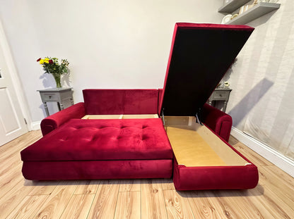 Luxury Berlin Corner Sofa Bed UK – Maroon L Shape Pull Out Sofa with Storage | Left & Right Facing