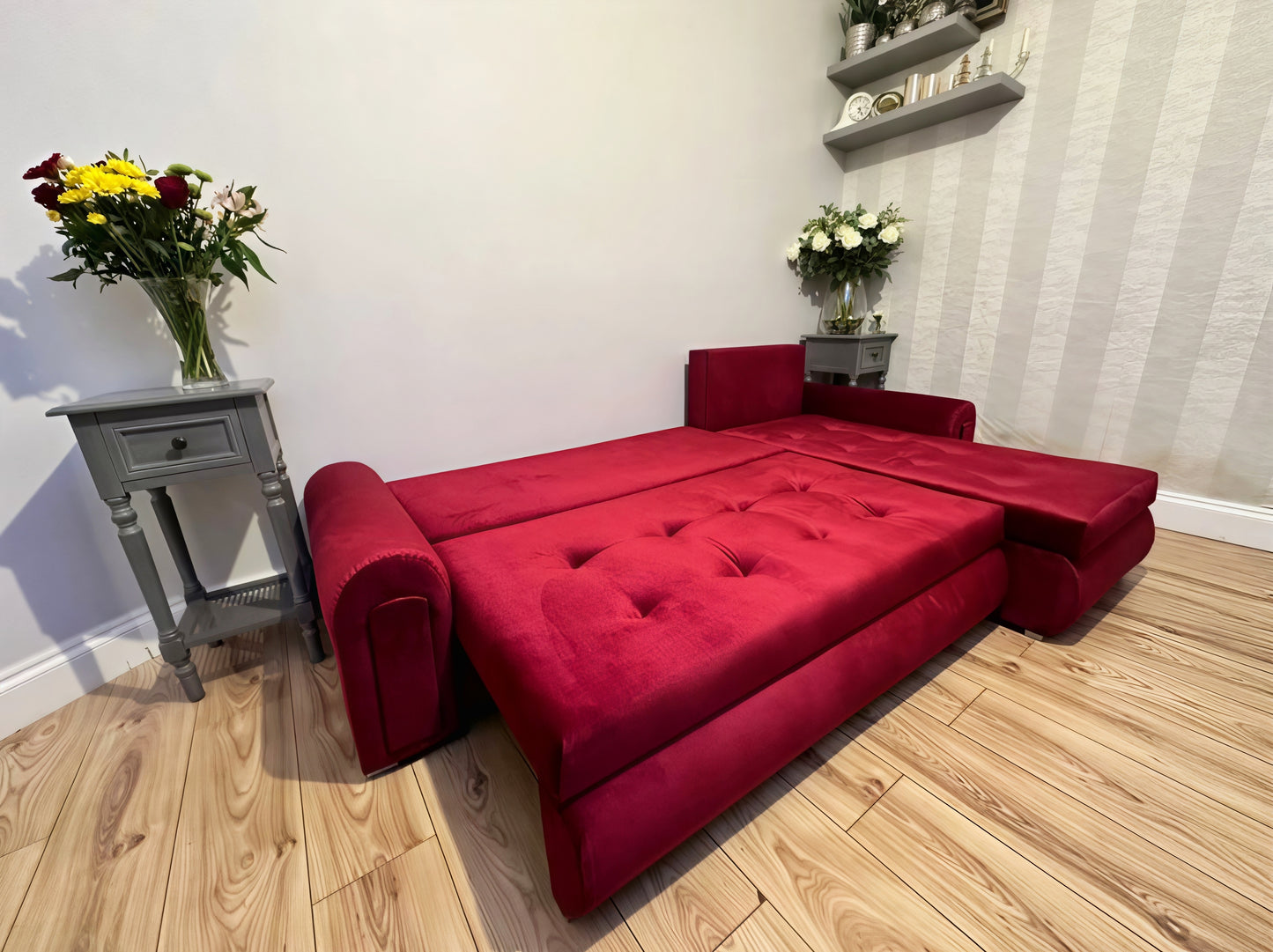 Luxury Berlin Corner Sofa Bed UK – Maroon L Shape Pull Out Sofa with Storage | Left & Right Facing