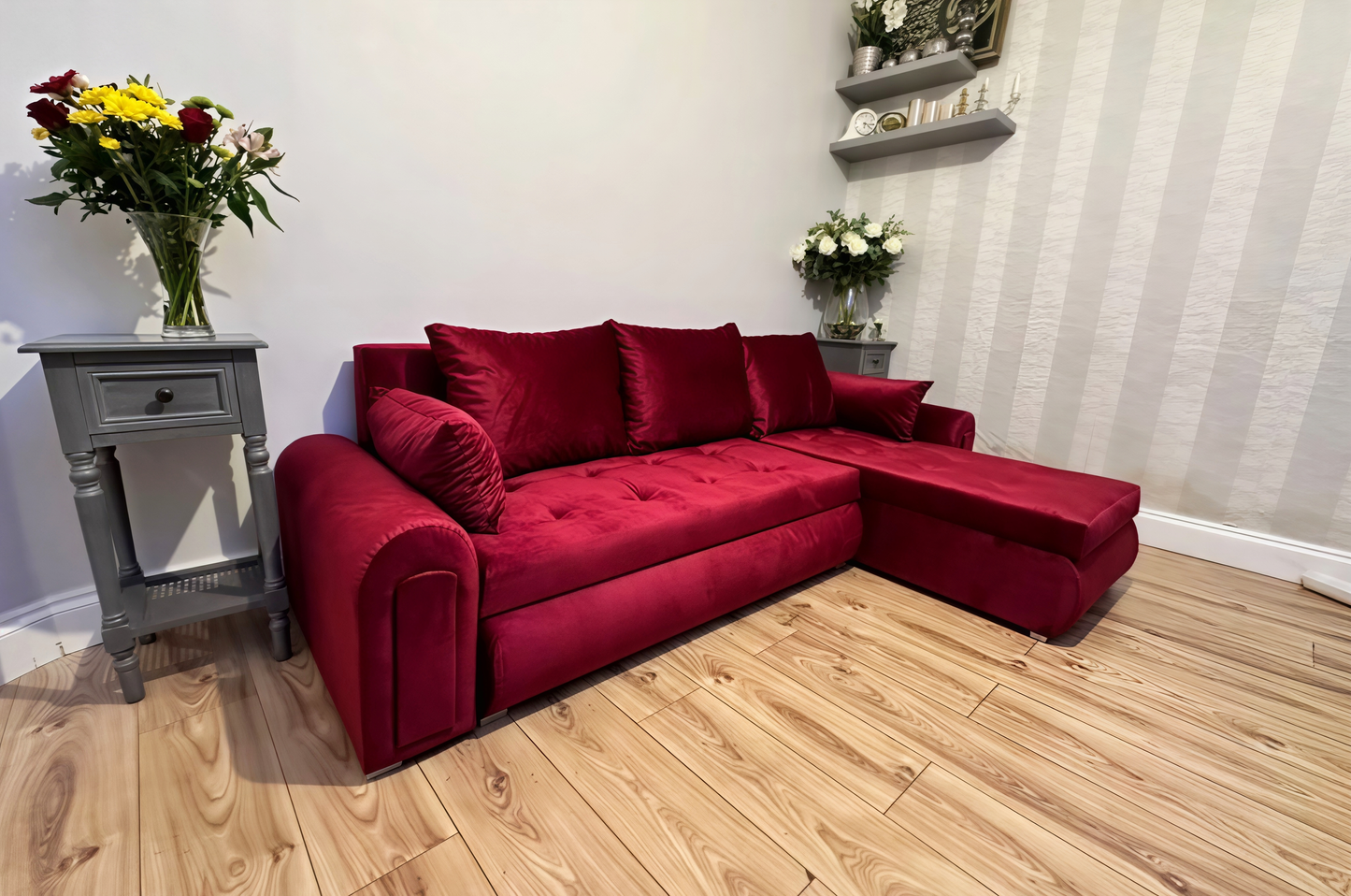 Luxury Berlin Corner Sofa Bed UK – Maroon L Shape Pull Out Sofa with Storage | Left & Right Facing