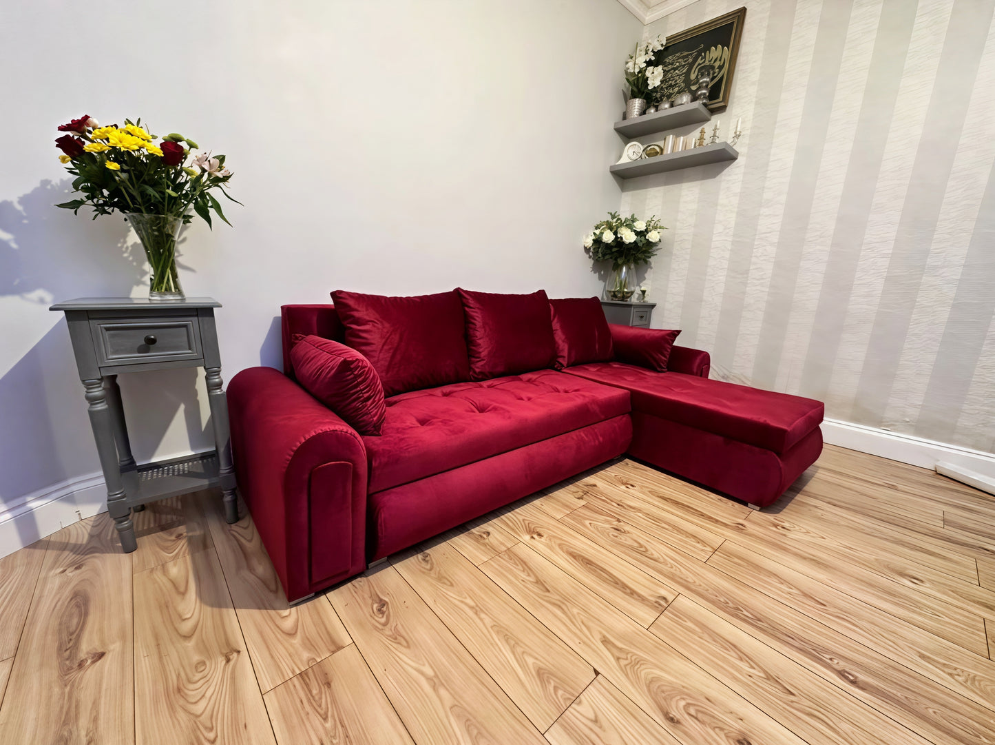 Luxury Berlin Corner Sofa Bed UK – Maroon L Shape Pull Out Sofa with Storage | Left & Right Facing