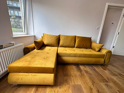 Luxury Mustard Gold Sofa Bed UK – Berlin Corner Sofa with Storage & Pull Out Bed
