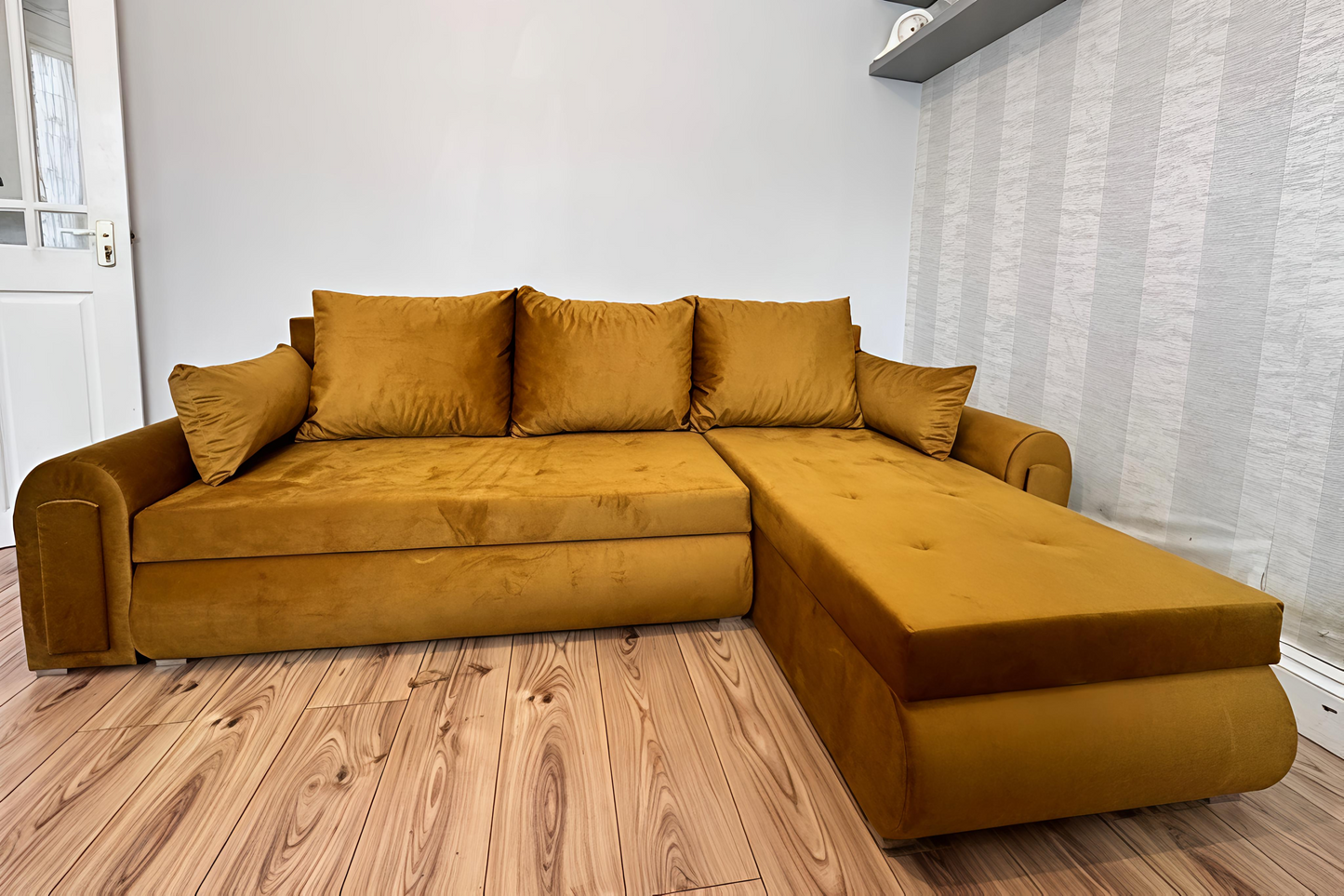 Luxury Mustard Gold Sofa Bed UK – Berlin Corner Sofa with Storage & Pull Out Bed