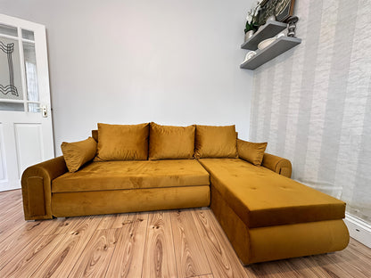 Luxury Mustard Gold Sofa Bed UK – Berlin Corner Sofa with Storage & Pull Out Bed