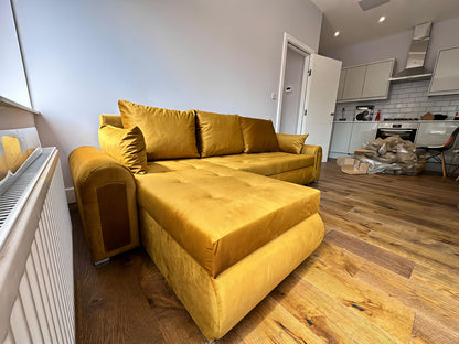 Luxury Mustard Gold Sofa Bed UK – Berlin Corner Sofa with Storage & Pull Out Bed