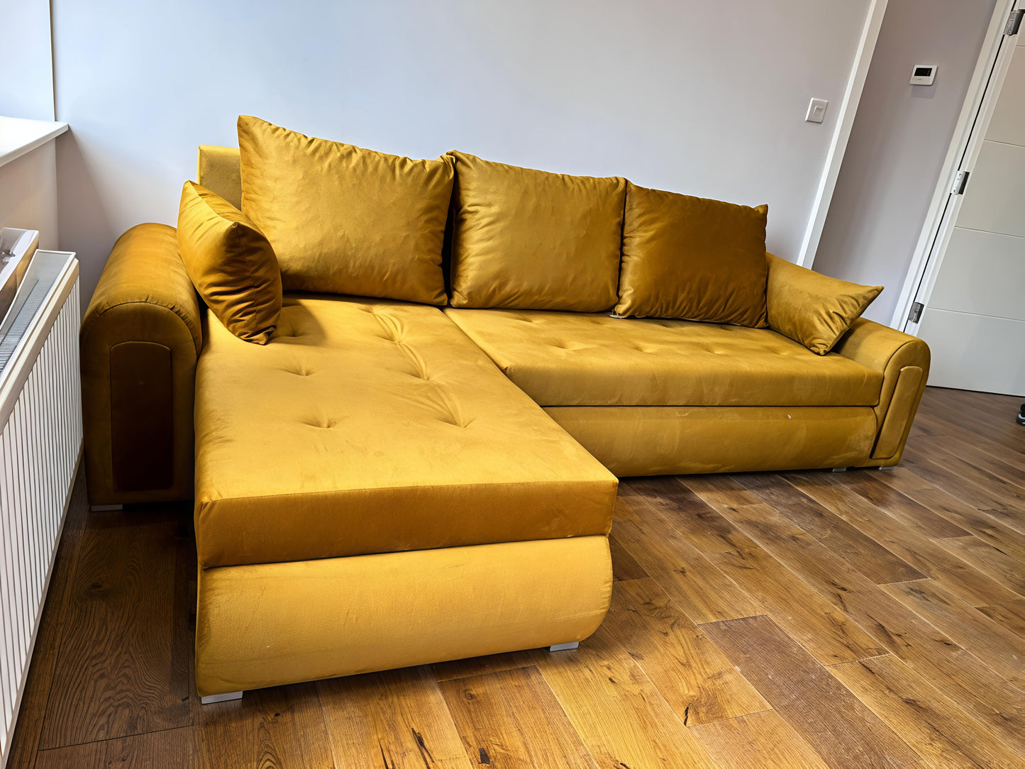 Luxury Mustard Gold Sofa Bed UK – Berlin Corner Sofa with Storage & Pull Out Bed