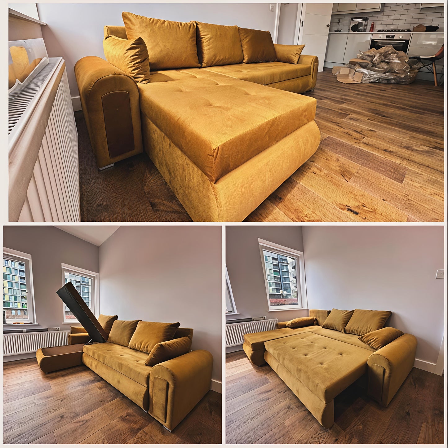 Luxury Mustard Gold Sofa Bed UK – Berlin Corner Sofa with Storage & Pull Out Bed