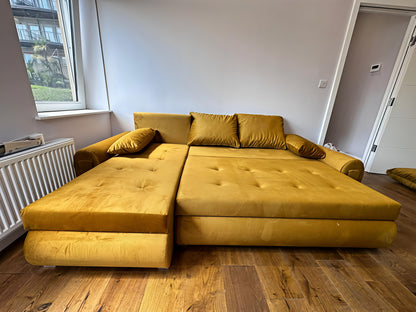 Luxury Mustard Gold Sofa Bed UK – Berlin Corner Sofa with Storage & Pull Out Bed