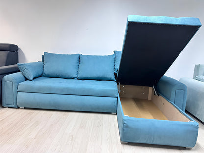 Sky Blue Corner Sofa Bed with Storage UK – Modern Berlin Pull Out Sofa Bed