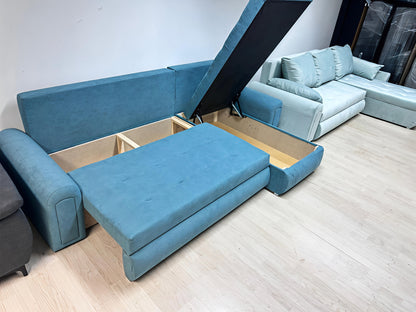 Sky Blue Corner Sofa Bed with Storage UK – Modern Berlin Pull Out Sofa Bed
