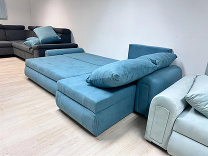 Sky Blue Corner Sofa Bed with Storage UK – Modern Berlin Pull Out Sofa Bed