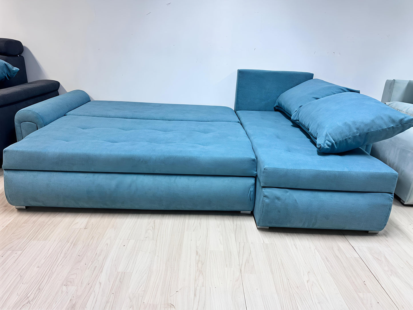 Sky Blue Corner Sofa Bed with Storage UK – Modern Berlin Pull Out Sofa Bed