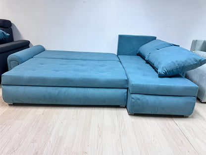 Sky Blue Corner Sofa Bed with Storage UK – Modern Berlin Pull Out Sofa Bed