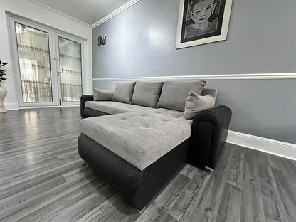 Luxury Grey Black Corner Sofa Bed UK – Berlin L Shape Sofa with Storage & Pull Out Bed