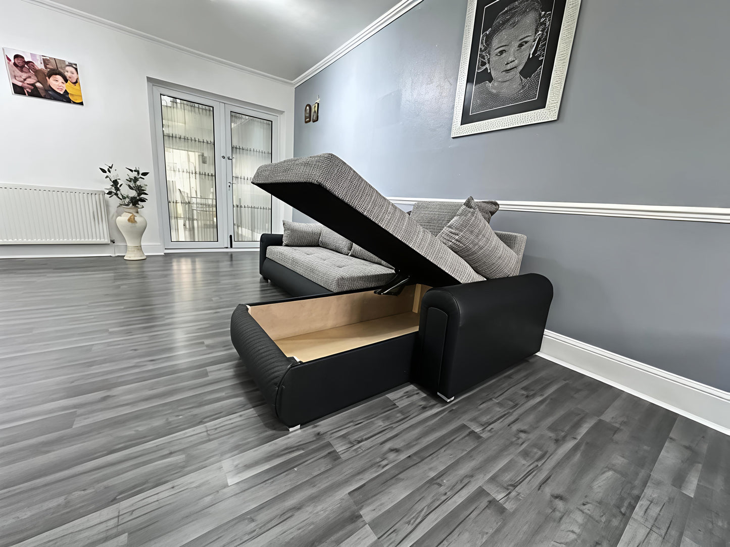Luxury Grey Black Corner Sofa Bed UK – Berlin L Shape Sofa with Storage & Pull Out Bed