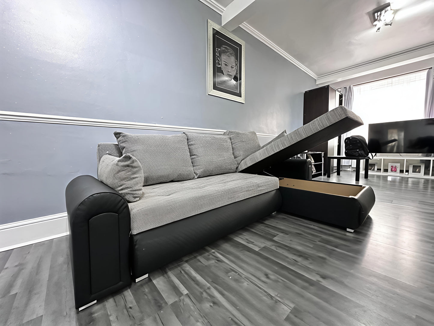 Luxury Grey Black Corner Sofa Bed UK – Berlin L Shape Sofa with Storage & Pull Out Bed