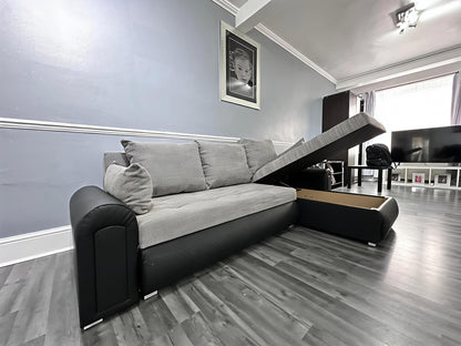 Luxury Grey Black Corner Sofa Bed UK – Berlin L Shape Sofa with Storage & Pull Out Bed