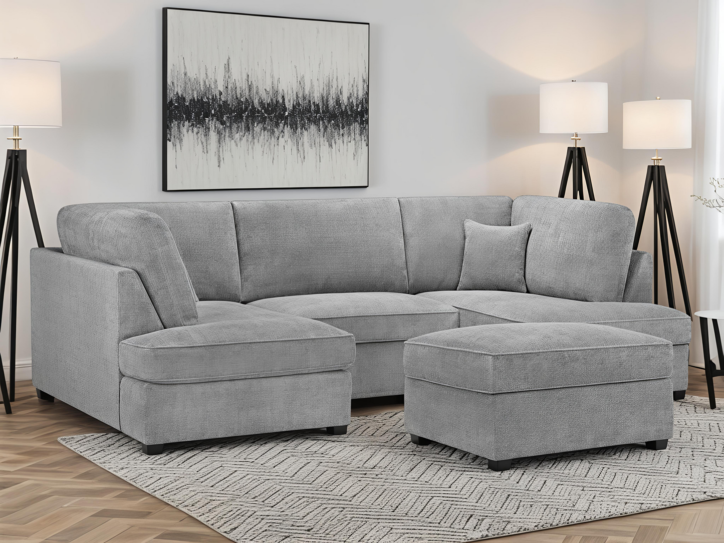 Grey Boucle U Shape Sofa UK – Carnaby Cinema Teddy Bear Fabric Corner Sofa with Footstool