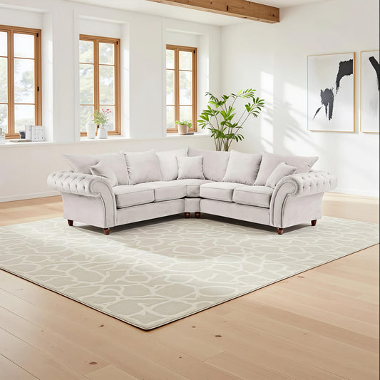 Verona Silver Plush Corner Sofa UK – Luxury Chesterfield Style Scatterback Corner Sofa for Modern Living Rooms